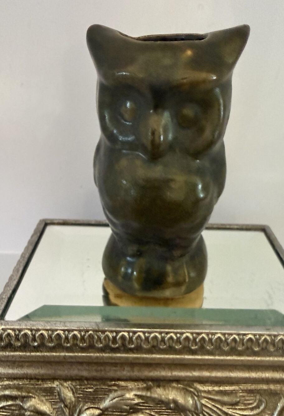 Vintage Mid Century 1948 Ceramic Avocado Green Estate Owl Bud Vase 4.25”
